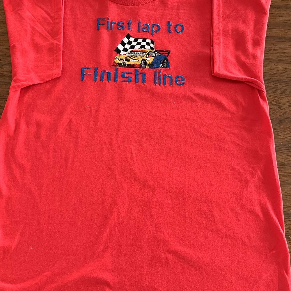 Racing Men Red T-shirt Size: large Embroidery on front-First lap to finish line